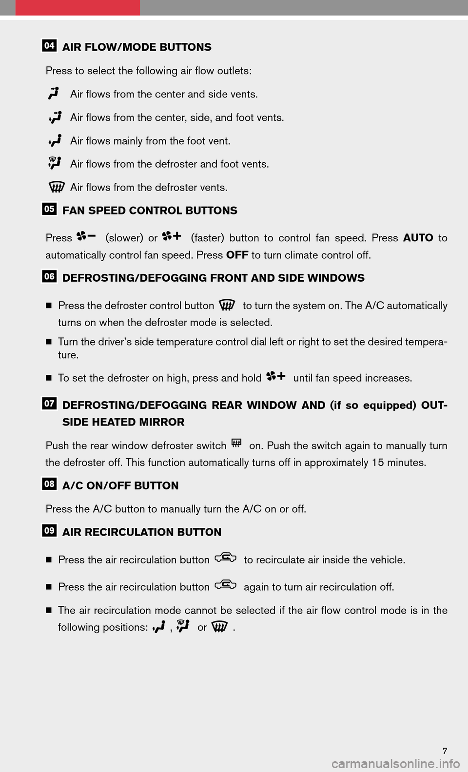 NISSAN QUEST 2008 V42 / 3.G Quick Reference Guide AIR FLOW/MODE BUTTONS
Press to select the following air flow outlets:
Air flows from the center and side vents.
Air flows from the center, side, and foot vents.
Air flows mainly from the foot vent.
A NISSAN QUEST 2008 V42 / 3.G Quick Reference Guide AIR FLOW/MODE BUTTONS
Press to select the following air flow outlets:
Air flows from the center and side vents.
Air flows from the center, side, and foot vents.
Air flows mainly from the foot vent.
A