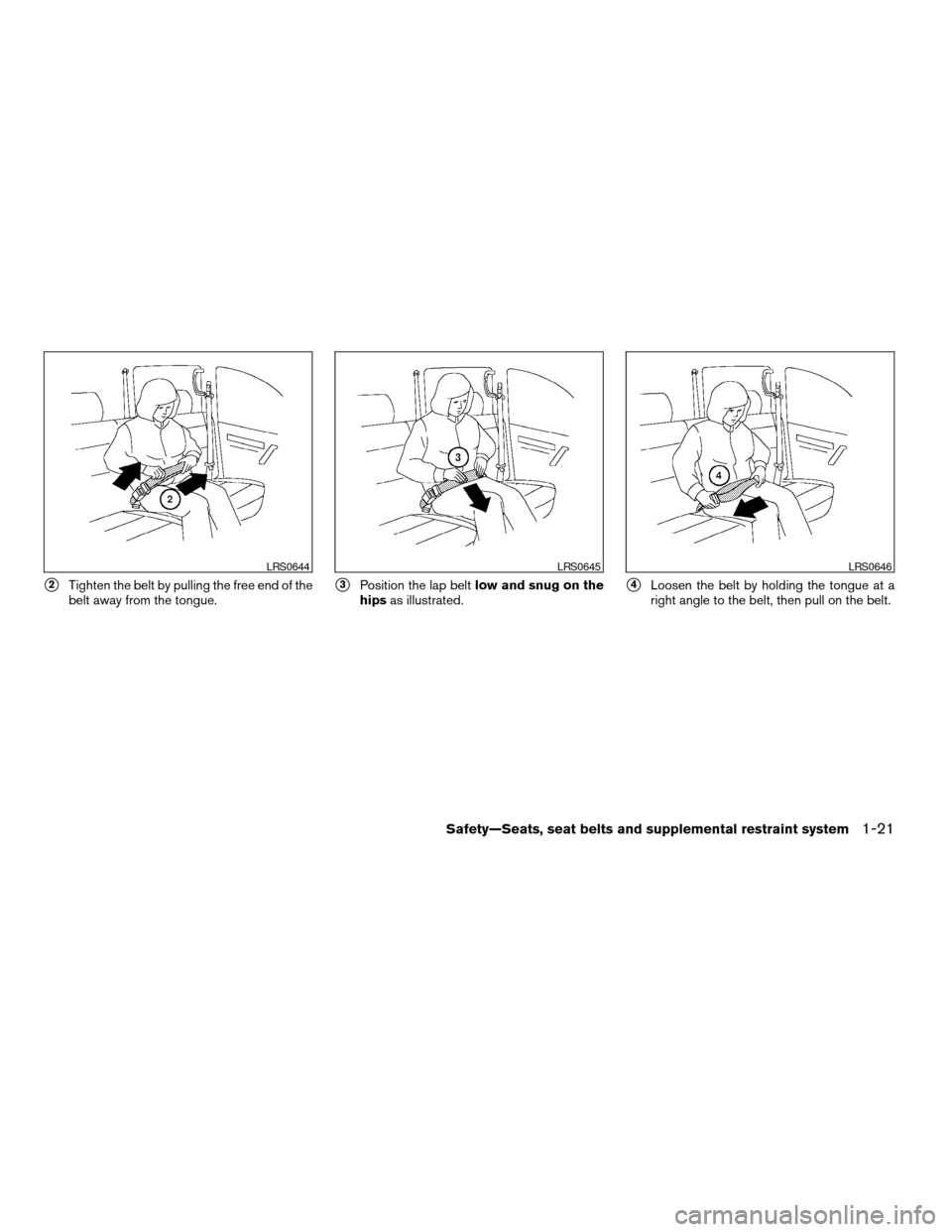 NISSAN TITAN 2008 1.G Owners Manual s2Tighten the belt by pulling the free end of the
belt away from the tongue.s3Position the lap beltlow and snug on the
hipsas illustrated.s4Loosen the belt by holding the tongue at a
right angle to th