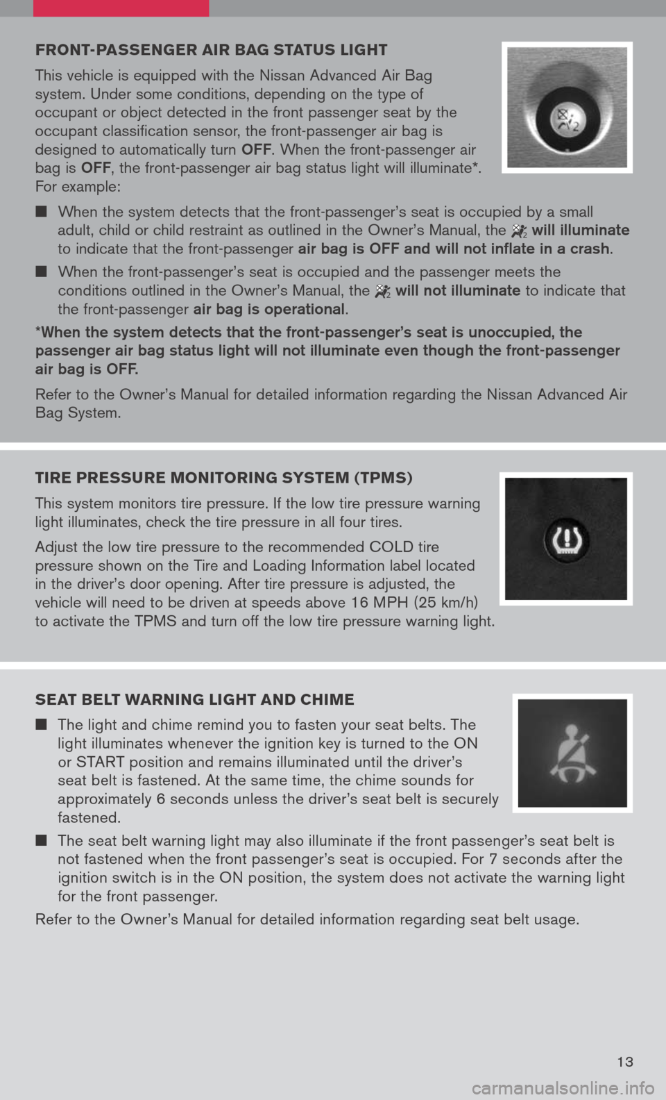 NISSAN TITAN 2008 1.G Quick Reference Guide 
13
FRONT-PAssEN gER AIR BA g sTAT us LI gHT 
This	 vehicle	 is	equipped	 with	the	Nissan	 Advanced	 Air	Bag	
system.	 Under	some	conditions,	 depending	on	the	 type	 of	
occupant	 or	object	 detected