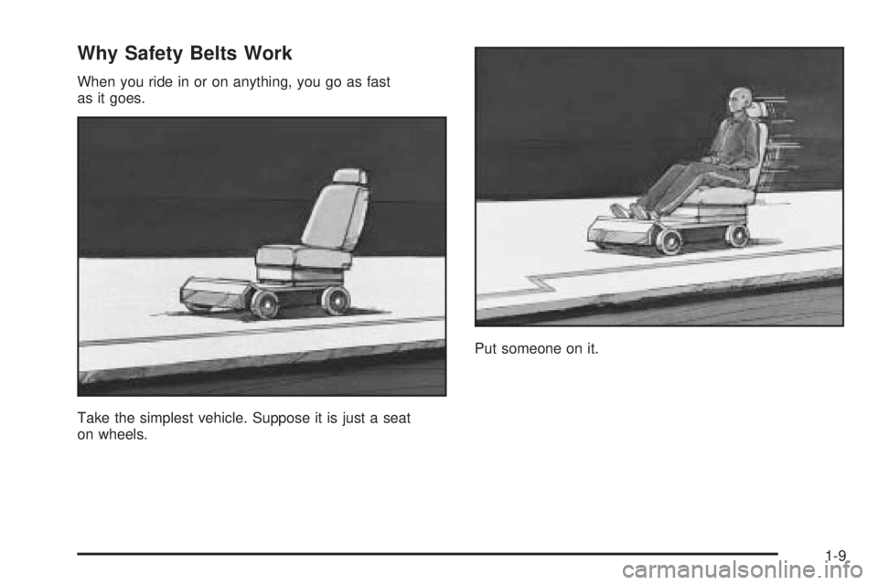 PONTIAC BONNEVILLE 2005  Owners Manual Why Safety Belts Work
When you ride in or on anything, you go as fast
as it goes.
Take the simplest vehicle. Suppose it is just a seat
on wheels.Put someone on it.
1-9 