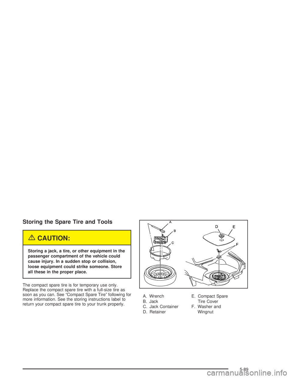PONTIAC BONNEVILLE 2004  Owners Manual Storing the Spare Tire and Tools
{CAUTION:
Storing a jack, a tire, or other equipment in the
passenger compartment of the vehicle could
cause injury. In a sudden stop or collision,
loose equipment cou