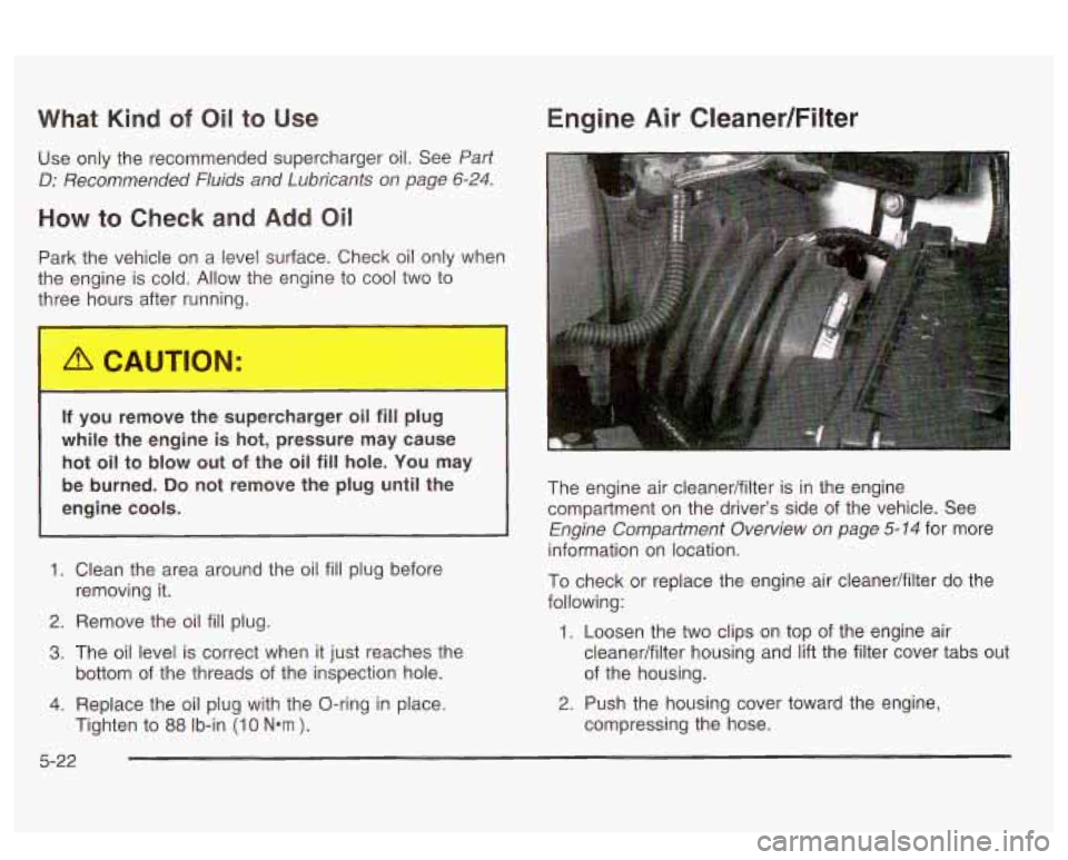 PONTIAC BONNEVILLE 2003  Owners Manual What Kind of Oil to Use 
Use only  the  recommended  supercharger oil.  See Part 
D: Recommended  Fluids  and Lubricants  on  page 6-24. 
How to  Check and Add Oil 
Park  the vehicle  on  a level surf