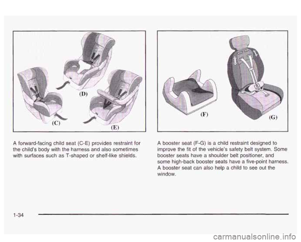 PONTIAC BONNEVILLE 2003  Owners Manual r 
A forward-facing child seat (C-E) provides restraint for 
the childs  body  with the harness and also sometimes 
with surfaces such as T-shaped or shelf-like  shields. A booster seat (F-G) is  a c