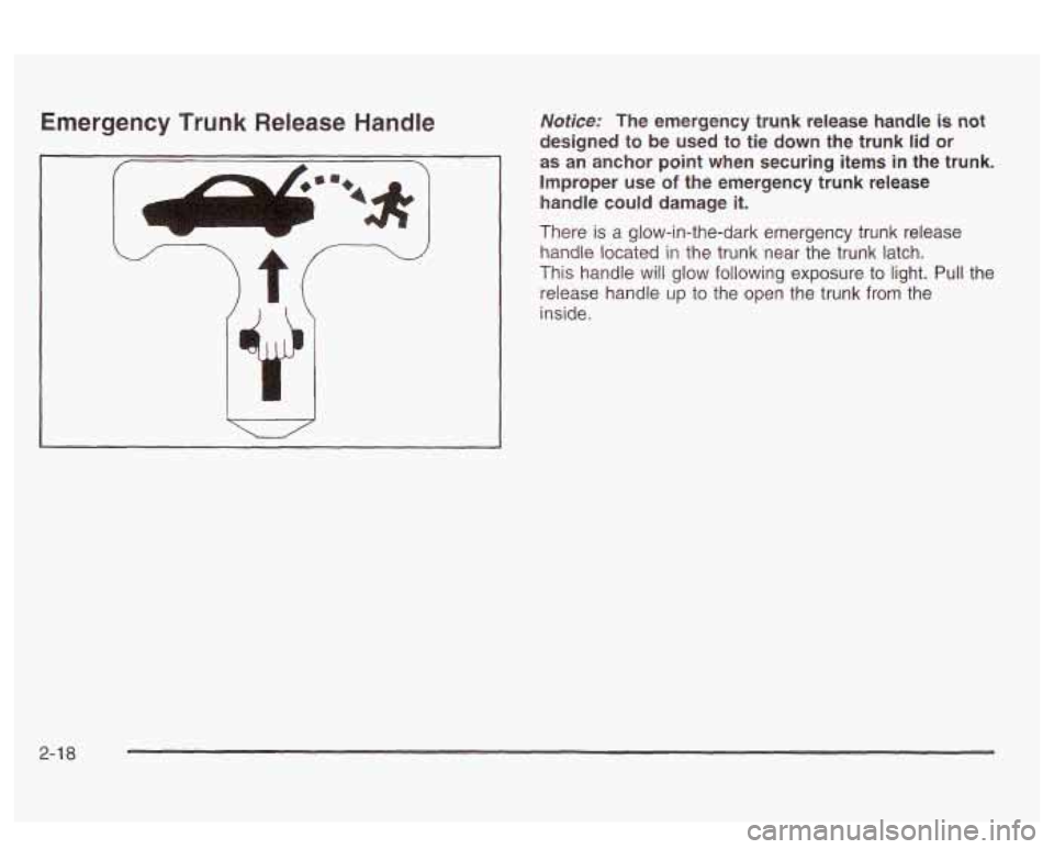 PONTIAC BONNEVILLE 2003  Owners Manual Emergency  Trunk  Release Handle 
I r 
Notice: The  emergency  trunk  release  handle is not 
designed  to  be  used  to  tie  down  the  trunk  lid 
or 
as an  anchor  point when  securing  items  in