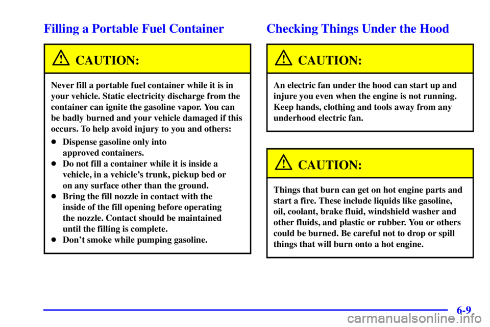 PONTIAC BONNEVILLE 2002 Owners Manual 6-9
Filling a Portable Fuel Container
CAUTION:
Never fill a portable fuel container while it is in
your vehicle. Static electricity discharge from the
container can ignite the gasoline vapor. You can
PONTIAC BONNEVILLE 2002 Owners Manual 6-9
Filling a Portable Fuel Container
CAUTION:
Never fill a portable fuel container while it is in
your vehicle. Static electricity discharge from the
container can ignite the gasoline vapor. You can