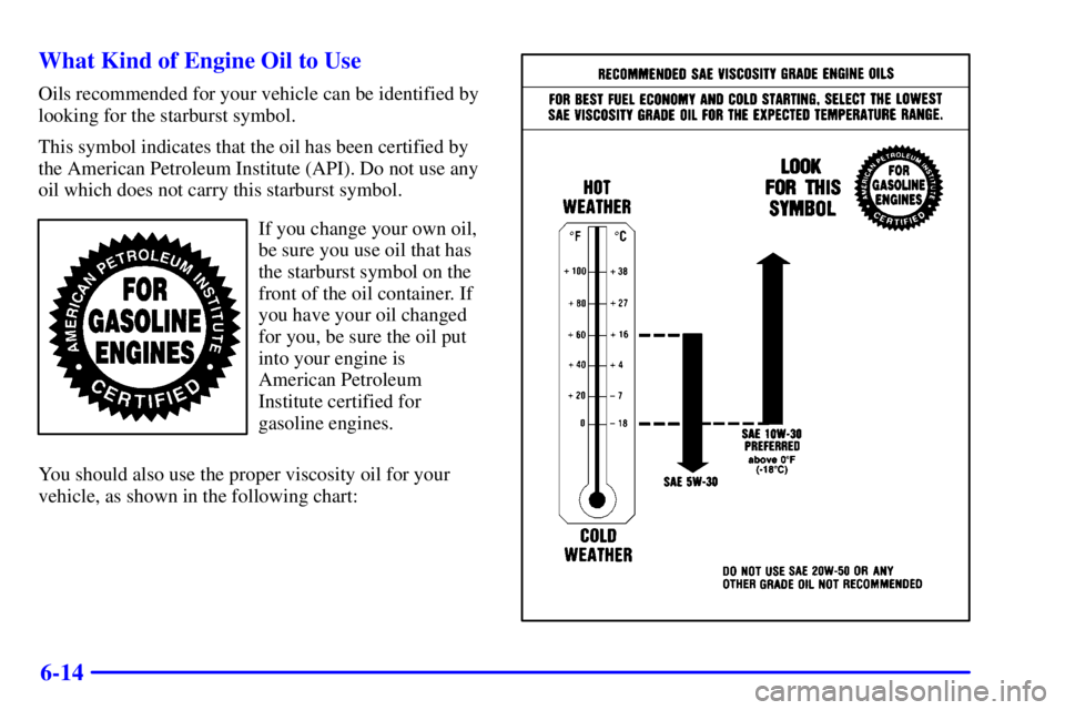 PONTIAC BONNEVILLE 2002  Owners Manual 6-14 What Kind of Engine Oil to Use
Oils recommended for your vehicle can be identified by
looking for the starburst symbol.
This symbol indicates that the oil has been certified by
the American Petro