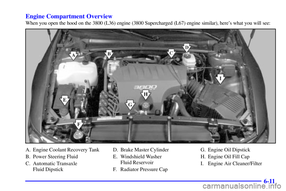 PONTIAC BONNEVILLE 2001  Owners Manual 6-11 Engine Compartment Overview
When you open the hood on the 3800 (L36) engine (3800 Supercharged (L67) engine similar), heres what you will see:
A. Engine Coolant Recovery Tank
B. Power Steering F