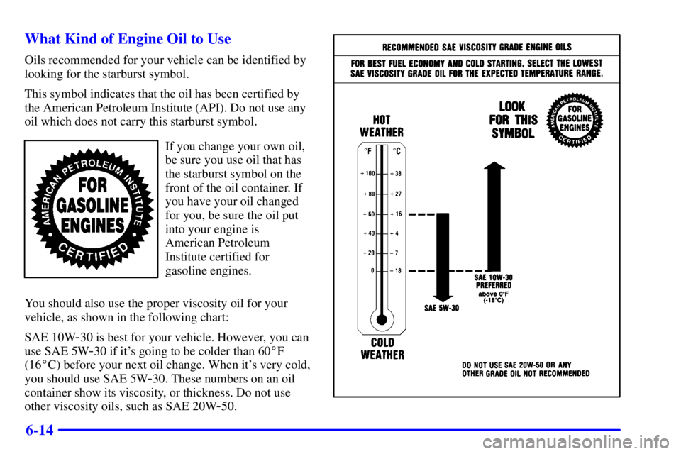 PONTIAC BONNEVILLE 2001  Owners Manual 6-14 What Kind of Engine Oil to Use
Oils recommended for your vehicle can be identified by
looking for the starburst symbol.
This symbol indicates that the oil has been certified by
the American Petro