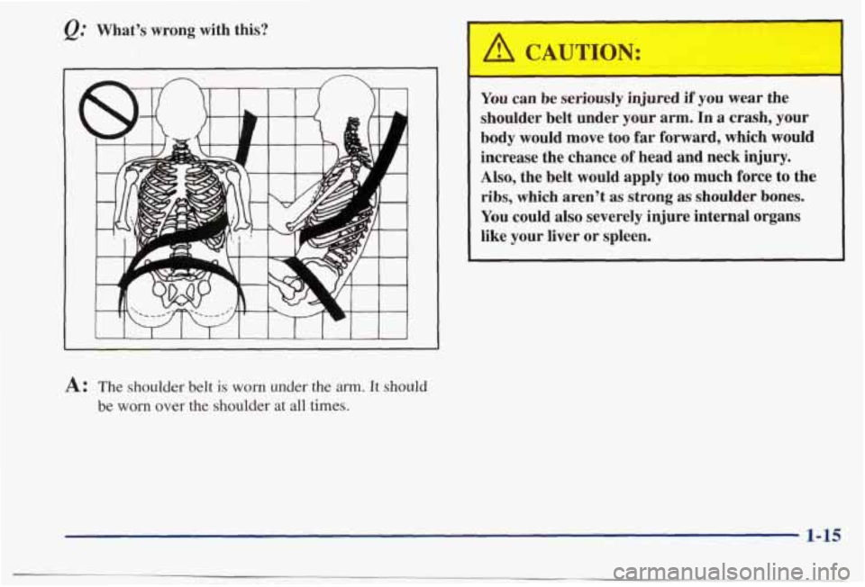 PONTIAC BONNEVILLE 1998  Owners Manual What’s wrong with this? 
A: The  shoulder  belt is worn under  the ann. It should 
be  worn  over  the  shoulder  at  all  times.  You 
can be seriously  injured if  you wear  the 
shoulder  belt  u