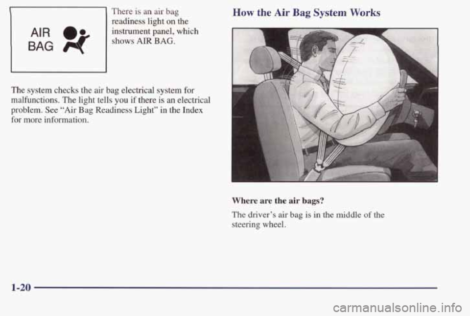 PONTIAC BONNEVILLE 1998  Owners Manual BAG 4 
AIR 0. 
There is an air  bag 
readiness  light 
on the 
instrument  panel,  which 
shows AIR BAG. 
The  system  checks  the  air bag electrical  system for 
malfunctions.  The  light  tells you