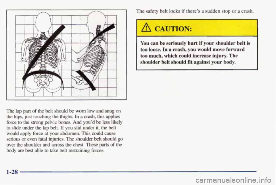 PONTIAC BONNEVILLE 1998  Owners Manual The lap part of the  belt  should be worn low and snug  on 
the hips, just touching  the thighs. In a crash, this applies 
force  to  the  strong  pelvic  bones. And you’d be less  likely 
to slide 