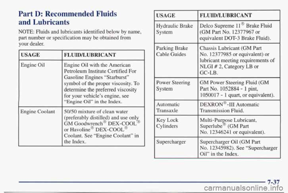 PONTIAC BONNEVILLE 1998  Owners Manual Part D: Recommended  Fluids 
and  Lubricants 
NOTE: Fluids  and  lubricants  identified  below  by name, 
part number  or specification  may  be  obtained  from 
your  dealer. 
USAGE 
Engine  Oil 
Eng