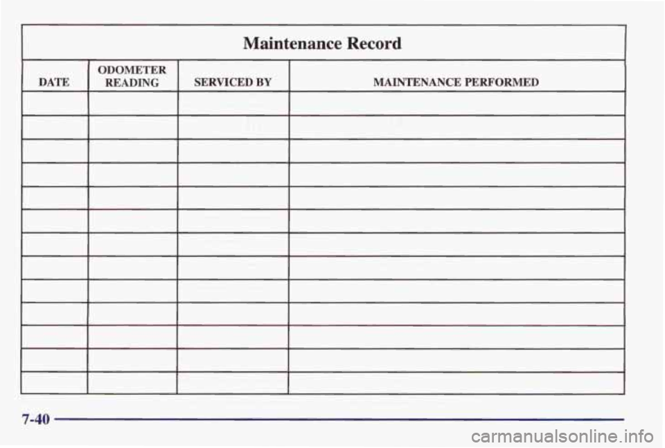 PONTIAC BONNEVILLE 1998  Owners Manual I 1 
Maintenance  Record 
ODOMETER 
DATE  MAINTENANCE  PERFORMED  SERVICED 
BY READING 
r 
7-40  