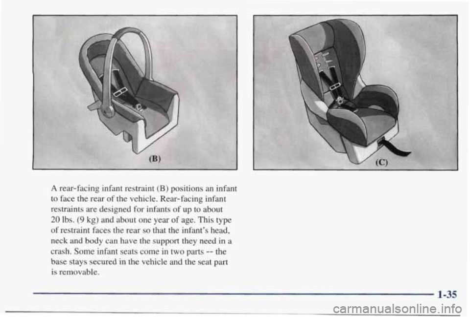 PONTIAC BONNEVILLE 1998  Owners Manual A rear-facing  infant  restraint  (B)  positions  an  infant 
to  face  the  rear 
of the  vehicle.  Rear-facing  infant 
restraints  are designed 
for infants of up to about 
20 lbs. (9 kg) and  abou