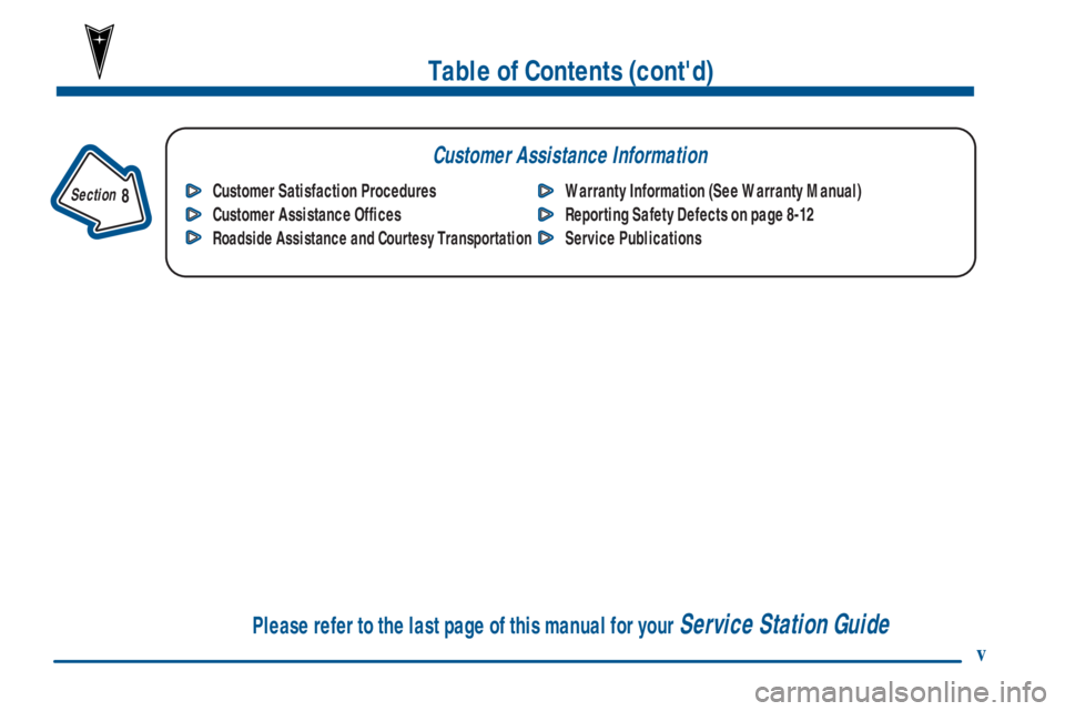 PONTIAC FIREBIRD 2001  Owners Manual Table of Contents (contd)
Customer Assistance Information
In the Index you will find an alphabetical listing of almost every subject in this manual. 
 You can use it to quickly find something you wan