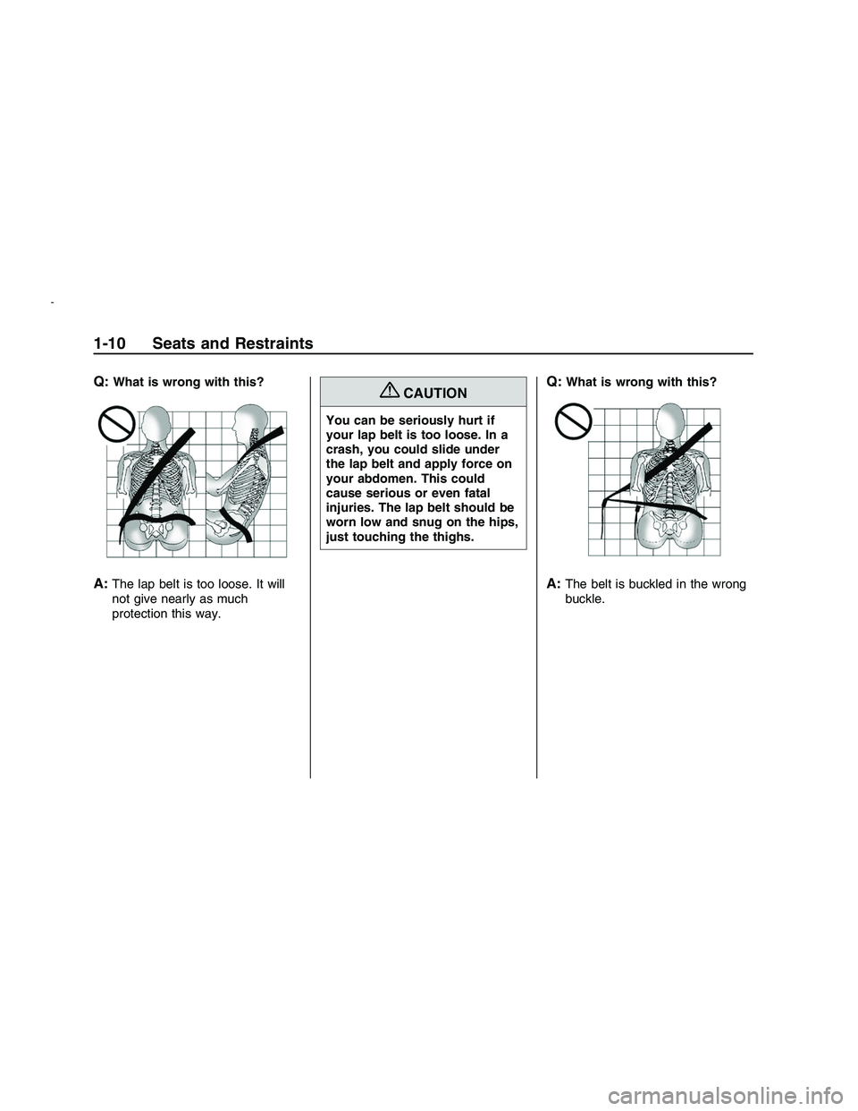 PONTIAC G8 2008  Owners Manual Q:What is wrong with this?
A:The lap belt is too loose. It will
not give nearly as much
protection this way.
{CAUTION
You can be seriously hurt if
your lap belt is too loose. In a
crash, you could sli