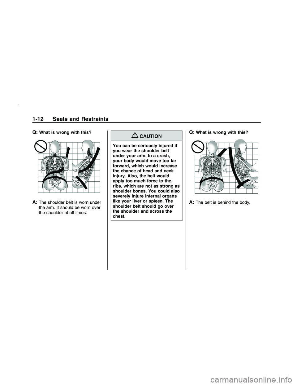 PONTIAC G8 2008  Owners Manual Q:What is wrong with this?
A:The shoulder belt is worn under
the arm. It should be worn over
the shoulder at all times.
{CAUTION
You can be seriously injured if
you wear the shoulder belt
under your a
