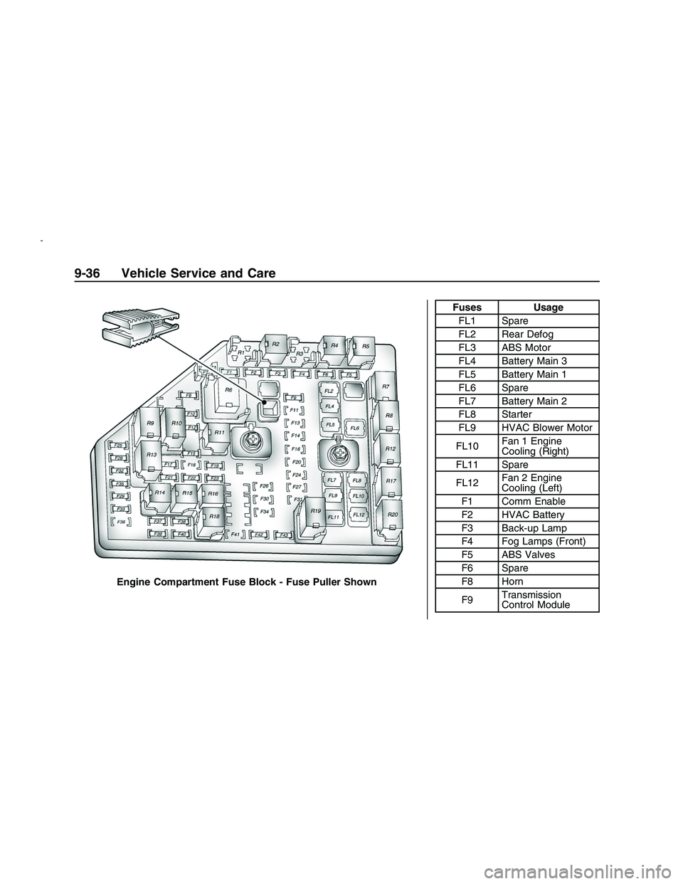 PONTIAC G8 2008  Owners Manual Fuses UsageFL1 Spare
FL2 Rear Defog
FL3 ABS Motor
FL4 Battery Main 3
FL5 Battery Main 1
FL6 Spare
FL7 Battery Main 2
FL8 Starter
FL9 HVAC Blower Motor
FL10 Fan 1 Engine
Cooling (Right)
FL11 Spare
FL12