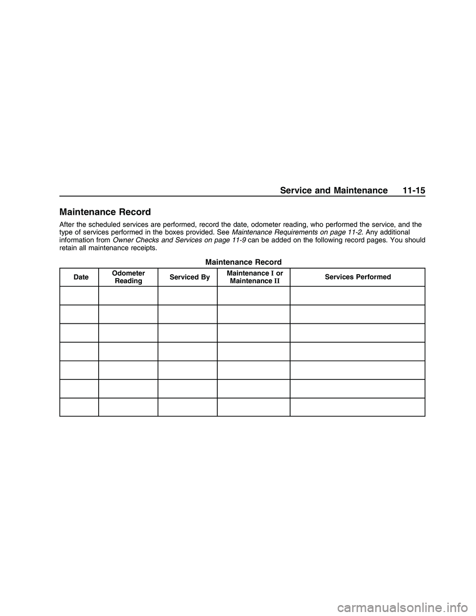 PONTIAC G8 2008  Owners Manual Maintenance Record
After the scheduled services are performed, record the date, odometer reading, who performed the service, and the
type of services performed in the boxes provided. SeeMaintenance Re