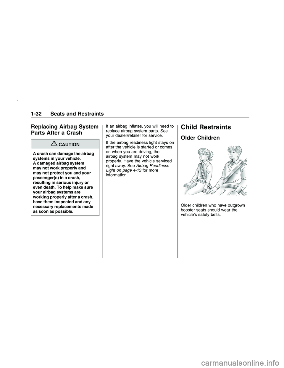 PONTIAC G8 2008  Owners Manual Replacing Airbag System
Parts After a Crash
{CAUTION
A crash can damage the airbag
systems in your vehicle.
A damaged airbag system
may not work properly and
may not protect you and your
passenger(s) 