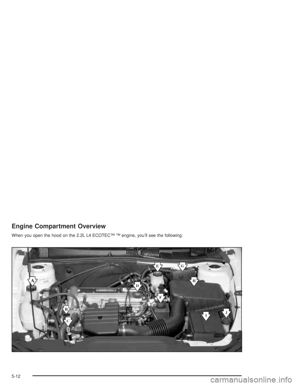 PONTIAC GRAND AM 2004  Owners Manual Engine Compartment Overview
When you open the hood on the 2.2L L4 ECOTEC™ ™ engine, you’ll see the following:
5-12 