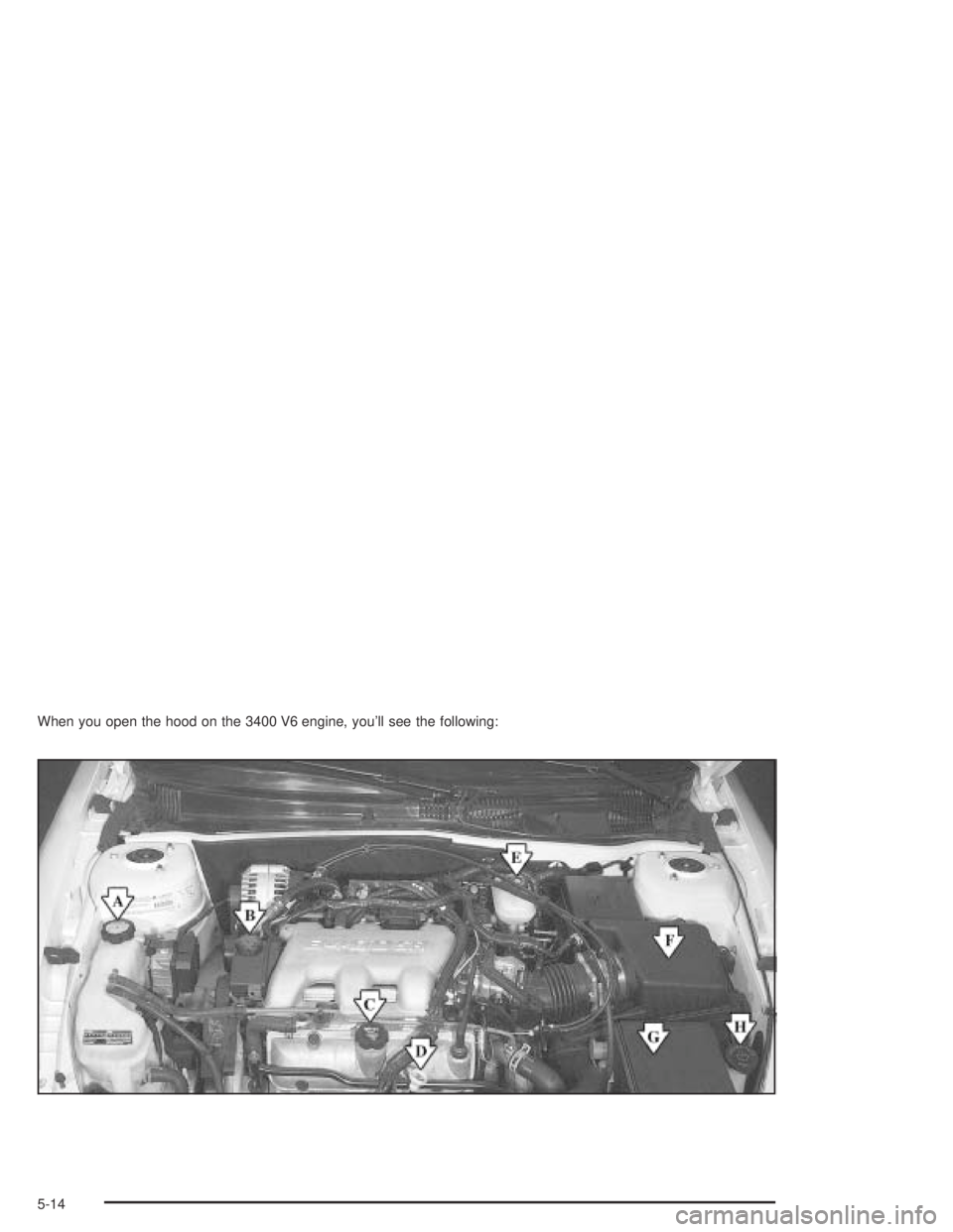 PONTIAC GRAND AM 2004  Owners Manual When you open the hood on the 3400 V6 engine, you’ll see the following:
5-14 