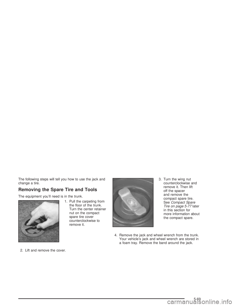 PONTIAC GRAND AM 2004  Owners Manual The following steps will tell you how to use the jack and
change a tire.
Removing the Spare Tire and Tools
The equipment you’ll need is in the trunk.
1. Pull the carpeting from
the ﬂoor of the tru