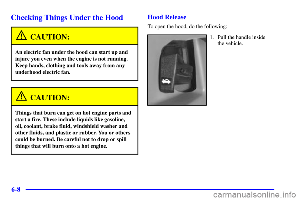 PONTIAC GRAND AM 2001  Owners Manual 6-8
Checking Things Under the Hood
CAUTION:
An electric fan under the hood can start up and
injure you even when the engine is not running.
Keep hands, clothing and tools away from any
underhood elect