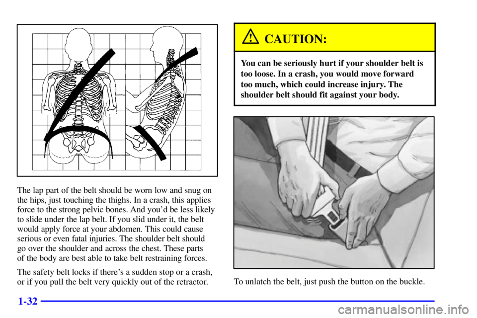 PONTIAC GRAND AM 2000  Owners Manual 1-32
The lap part of the belt should be worn low and snug on
the hips, just touching the thighs. In a crash, this applies
force to the strong pelvic bones. And youd be less likely
to slide under the 