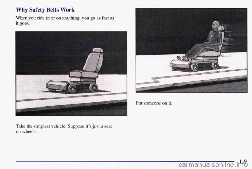 PONTIAC GRAND AM 1997  Owners Manual Why  Safety Belts Work 
When  you ride in or on anything,  you go as fast as 
it  goes. 
Take  the simplest vehicle. Suppose its 
just a seat 
on  wheels.  Put someone 
on it. 
1-9  