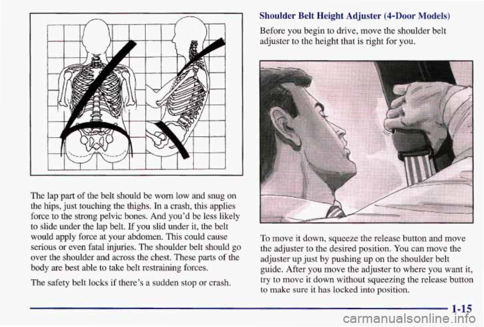 PONTIAC GRAND AM 1997  Owners Manual The lap part of the  belt  should  be worn low and  snug  on 
the  hips,  just touching  the  thighs. 
In a  crash,  this  applies 
force  to the  strong  pelvic  bones.  And  youd  be less  likely 
