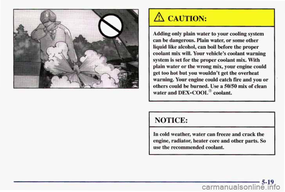 PONTIAC GRAND AM 1997  Owners Manual 1 A CAUTION: 
Adding only plain  water  to  your  cooling system 
can  be  dangerous.  Plain  water,  or some  other 
liquid  like  alcohol, can boil  before  the  proper 
coolant  mix will.  Your  ve
