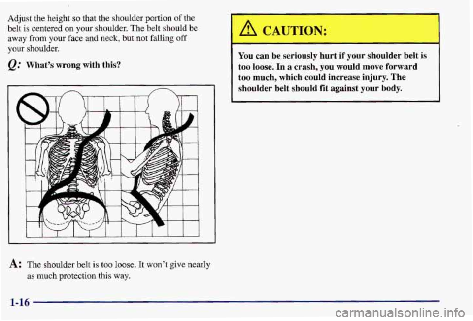 PONTIAC GRAND AM 1997  Owners Manual Adjust the height so that  the shoulder portion of the 
belt 
is centered  on  your  shoulder.  The belt should  be 
away  from  your  face and  neck,  but  not  falling off 
your  shoulder. 
What’s