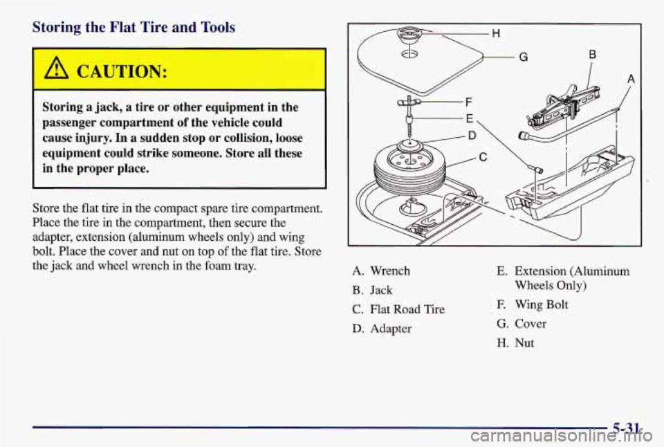 PONTIAC GRAND AM 1997  Owners Manual Storing the Flat Tire and Tools 
A CAUTION: 
Storing  a  jack, a  tire  or  other  equipment  in  the 
passenger  compartment 
of the  vehicle  could 
cause  injury.  In 
a sudden  stop  or  collision