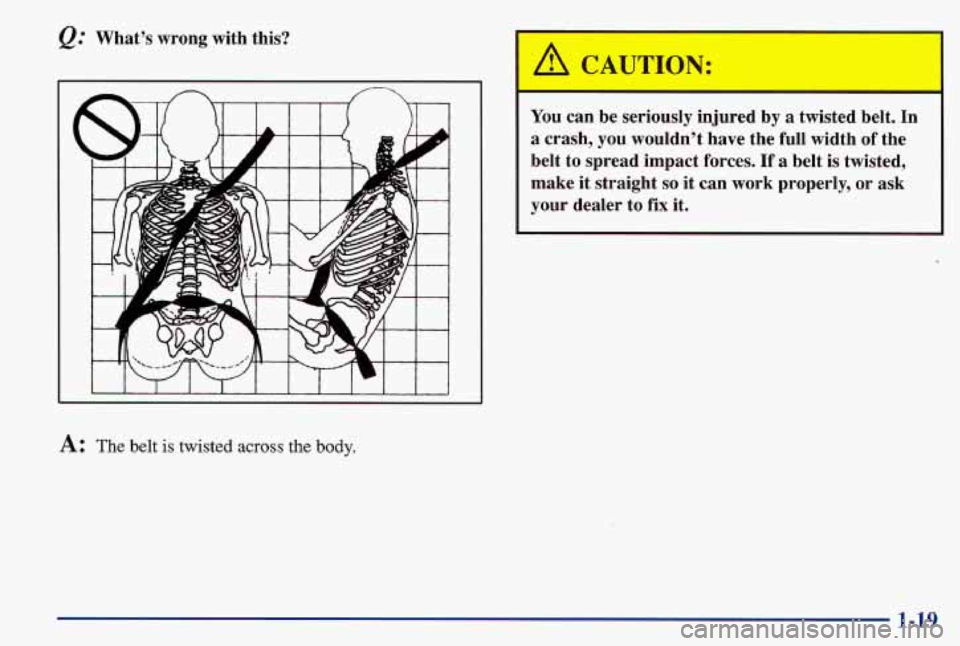 PONTIAC GRAND AM 1997  Owners Manual &.’ What’s  wrong  with  this? 
A: The belt is twisted across the body. 
A CAUTION: 
You  can be seriously  injured  by a  twisted  belt.  In 
a  crash,  you  wouldn’t  have  the  full  width 
o