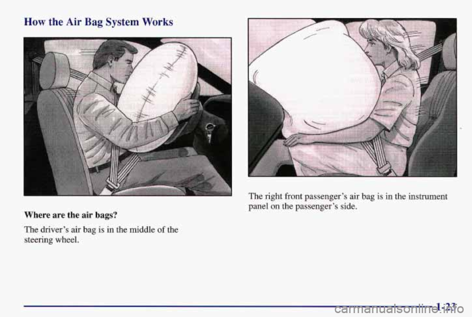 PONTIAC GRAND AM 1997  Owners Manual How the Air Bag System Works 
The right front passenger’s air  bag  is in the instrument 
panel  on the  passenger’s  side. 
Where  are  the  air  bags? 
The driver’s  air bag  is in  the  middl