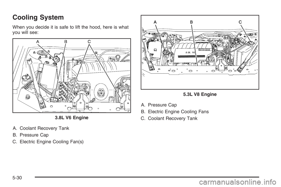 PONTIAC GRAND PRIX 2008  Owners Manual Cooling System
When you decide it is safe to lift the hood, here is what
you will see:
A. Coolant Recovery Tank
B. Pressure Cap
C. Electric Engine Cooling Fan(s)A. Pressure Cap
B. Electric Engine Cool