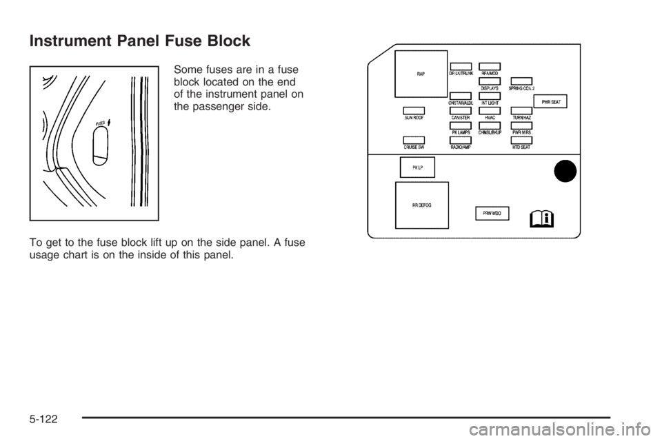 PONTIAC GRAND PRIX 2008  Owners Manual Instrument Panel Fuse Block
Some fuses are in a fuse
block located on the end
of the instrument panel on
the passenger side.
To get to the fuse block lift up on the side panel. A fuse
usage chart is o