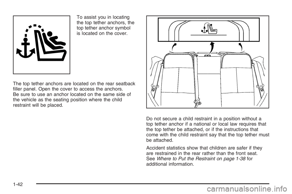 PONTIAC GRAND PRIX 2008  Owners Manual To assist you in locating
the top tether anchors, the
top tether anchor symbol
is located on the cover.
The top tether anchors are located on the rear seatback
�ller panel. Open the cover to access th