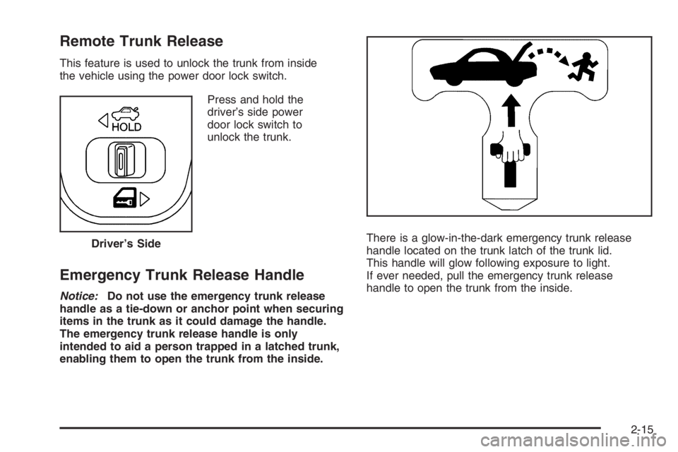 PONTIAC GRAND PRIX 2008  Owners Manual Remote Trunk Release
This feature is used to unlock the trunk from inside
the vehicle using the power door lock switch.
Press and hold the
driver’s side power
door lock switch to
unlock the trunk.
E