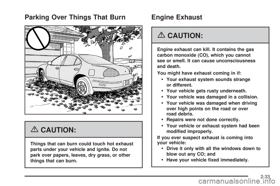 PONTIAC GRAND PRIX 2006  Owners Manual Parking Over Things That Burn
{CAUTION:
Things that can burn could touch hot exhaust
parts under your vehicle and ignite. Do not
park over papers, leaves, dry grass, or other
things that can burn.
Eng