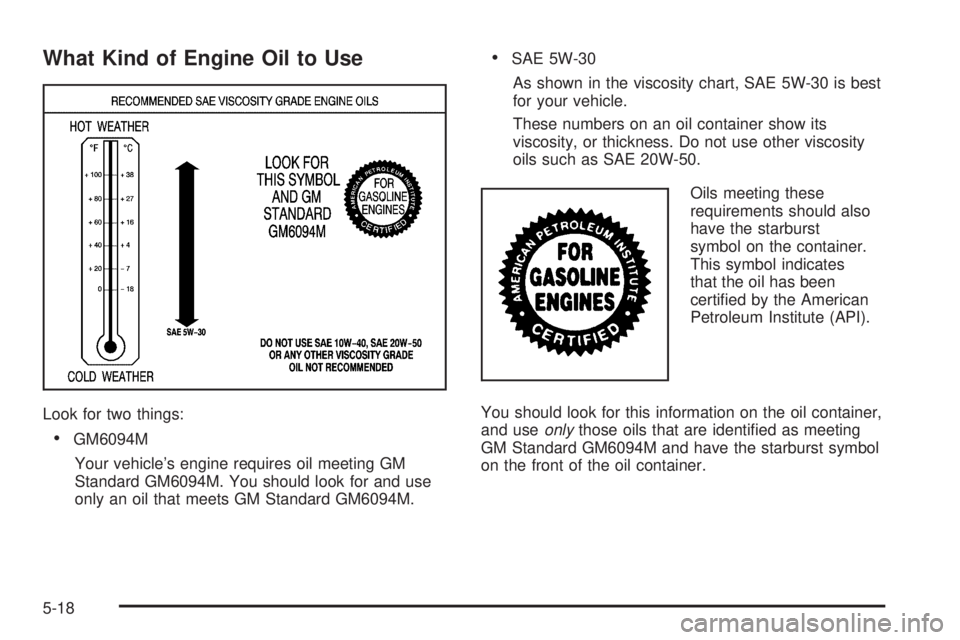PONTIAC GRAND PRIX 2006  Owners Manual What Kind of Engine Oil to Use
Look for two things:
GM6094M
Your vehicle’s engine requires oil meeting GM
Standard GM6094M. You should look for and use
only an oil that meets GM Standard GM6094M.
