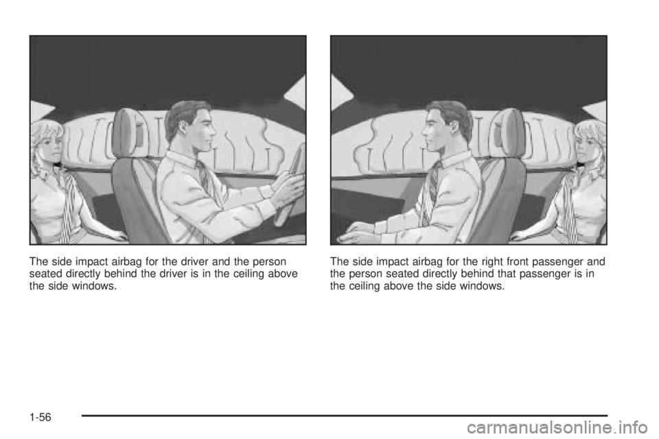 PONTIAC GRAND PRIX 2006  Owners Manual The side impact airbag for the driver and the person
seated directly behind the driver is in the ceiling above
the side windows.The side impact airbag for the right front passenger and
the person seat