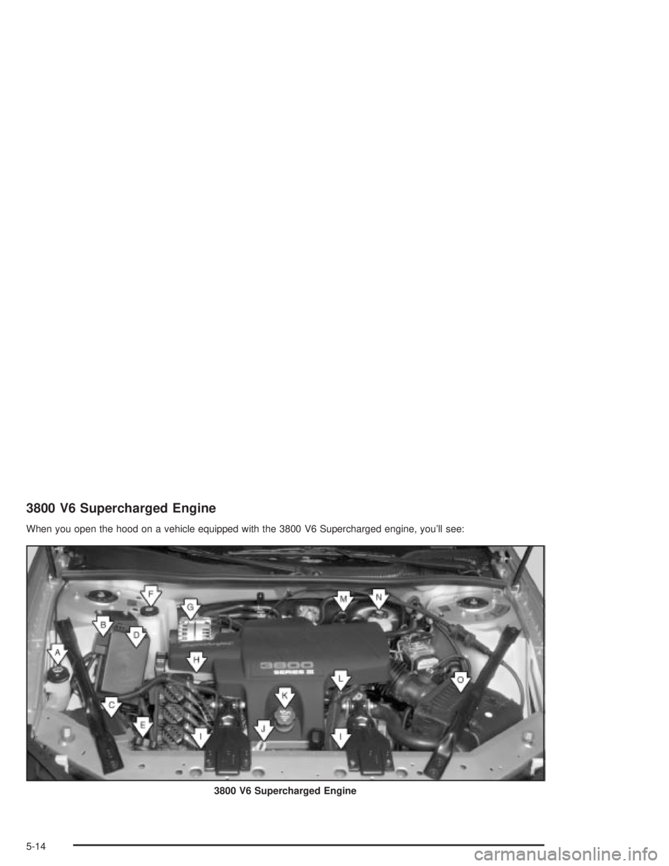 PONTIAC GRAND PRIX 2004  Owners Manual 3800 V6 Supercharged Engine
When you open the hood on a vehicle equipped with the 3800 V6 Supercharged engine, youll see:
3800 V6 Supercharged Engine
5-14 