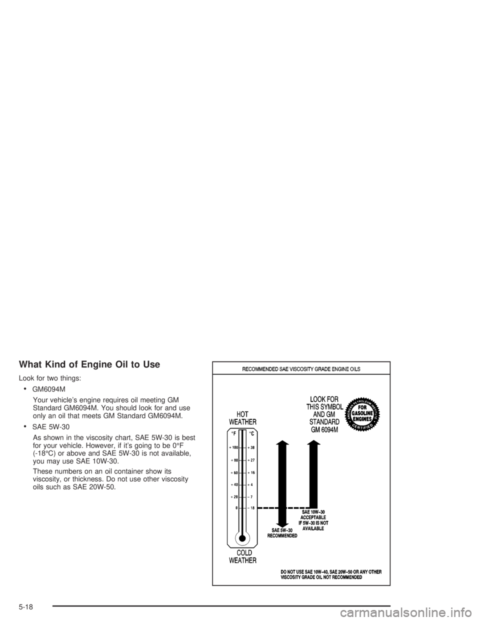 PONTIAC GRAND PRIX 2004  Owners Manual What Kind of Engine Oil to Use
Look for two things:
·GM6094M
Your vehicles engine requires oil meeting GM
Standard GM6094M. You should look for and use
only an oil that meets GM Standard GM6094M.
·