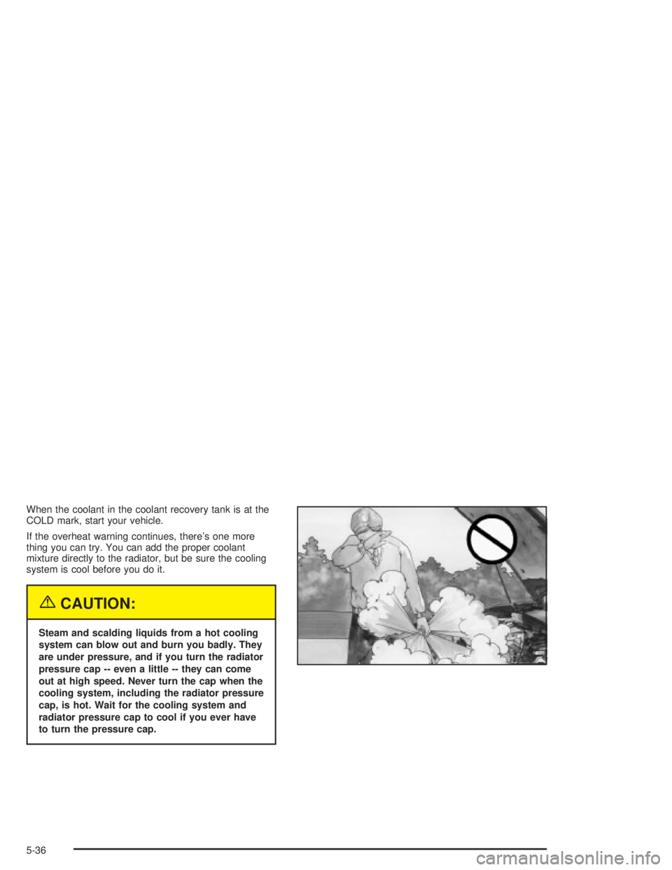 PONTIAC GRAND PRIX 2004  Owners Manual When the coolant in the coolant recovery tank is at the
COLD mark, start your vehicle.
If the overheat warning continues, theres one more
thing you can try. You can add the proper coolant
mixture dir