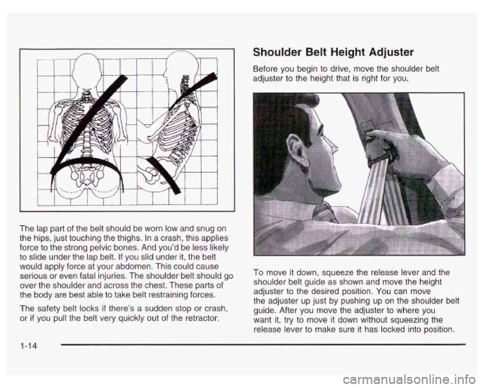 PONTIAC GRAND PRIX 2003  Owners Manual The lap part  of the  belt  should  be worn  low  and snug  on 
the hips,  just touching the thighs.  In a crash,  this applies 
force  to  the  strong pelvic bones.  And  you’d  be less likely 
to 