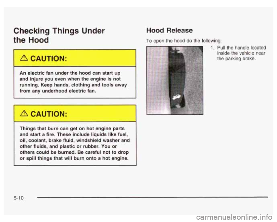PONTIAC GRAND PRIX 2003  Owners Manual Checking Things Under 
the 
Hood 
Ar. Jectric  fan unl,.  the hood  can start  up 
and  injure  you  even  when  the  engine  is not 
running.  Keep  hands,  clothing and tools  away 
from  any under