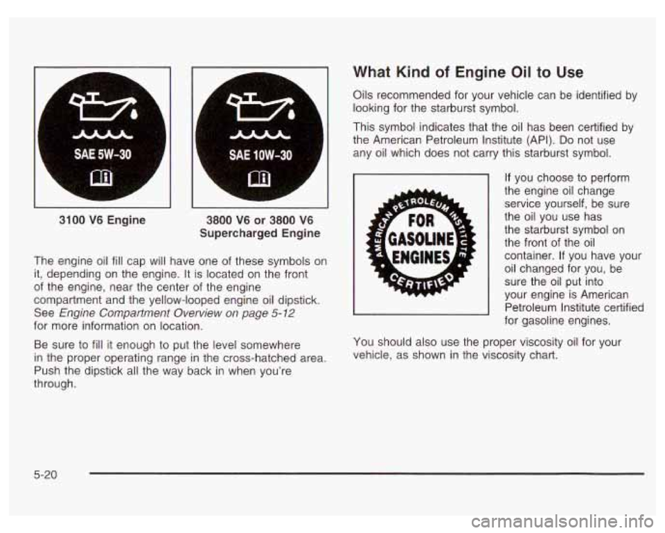 PONTIAC GRAND PRIX 2003 Owners Manual I-
3100 . - Engine
A
A
*
SAE 1OW-30
m
I
3800 V6 or 3800 V6
Supercharged Engine
The engine oil fill cap will have one of these symbols on
it, depending on the engine. It is located PONTIAC GRAND PRIX 2003 Owners Manual I-
3100 . - Engine
A
A
*
SAE 1OW-30
m
I
3800 V6 or 3800 V6
Supercharged Engine
The engine oil fill cap will have one of these symbols on
it, depending on the engine. It is located