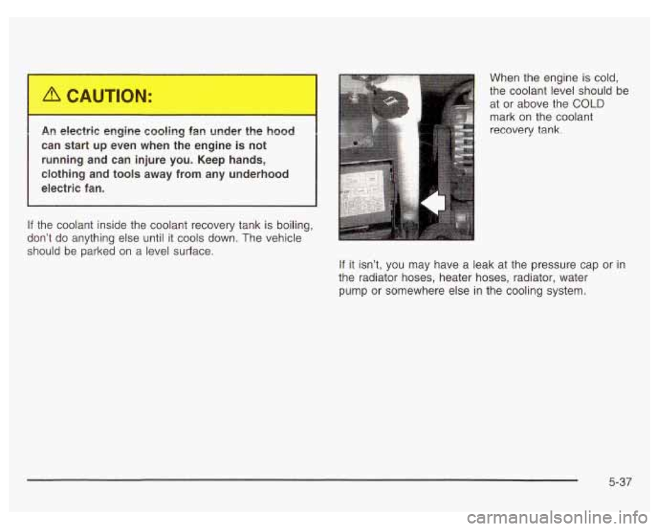 PONTIAC GRAND PRIX 2003  Owners Manual can  start up even  when  the engine is  not 
running  and  can  injure you. Keep hands, 
clothing  and  tools  away  from any underhood 
electric  fan. 
If the  coolant  inside the coolant recovery t